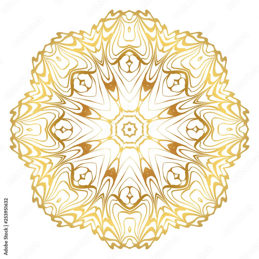 Luxury Art Deco Floral Pattern. Mandala Design. Vector Illustration. Oriental Pattern. Indian, Moroccan, Mystic, Ottoman Motifs. Anti-Stress Therapy Pattern. Gold color