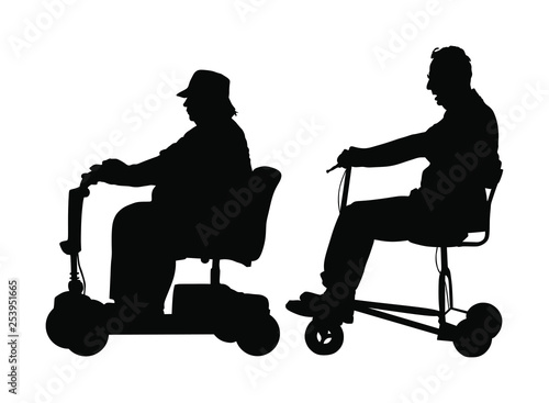 Senior couple on electric wheelchair vector silhouette illustration isolated on white background. Mature people on electric walker. Disabled person active life. Invalid grandmother and grandfather. 