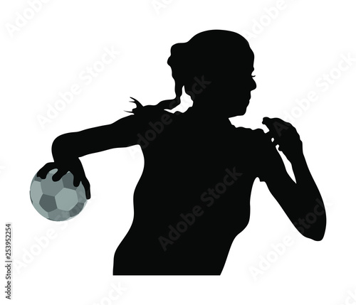 Handball player in action vector silhouette illustration isolated on white background. Woman handball player symbol. Handball girl jumping in the air. Handball (soccer) goalkeeper silhouette vector. 
