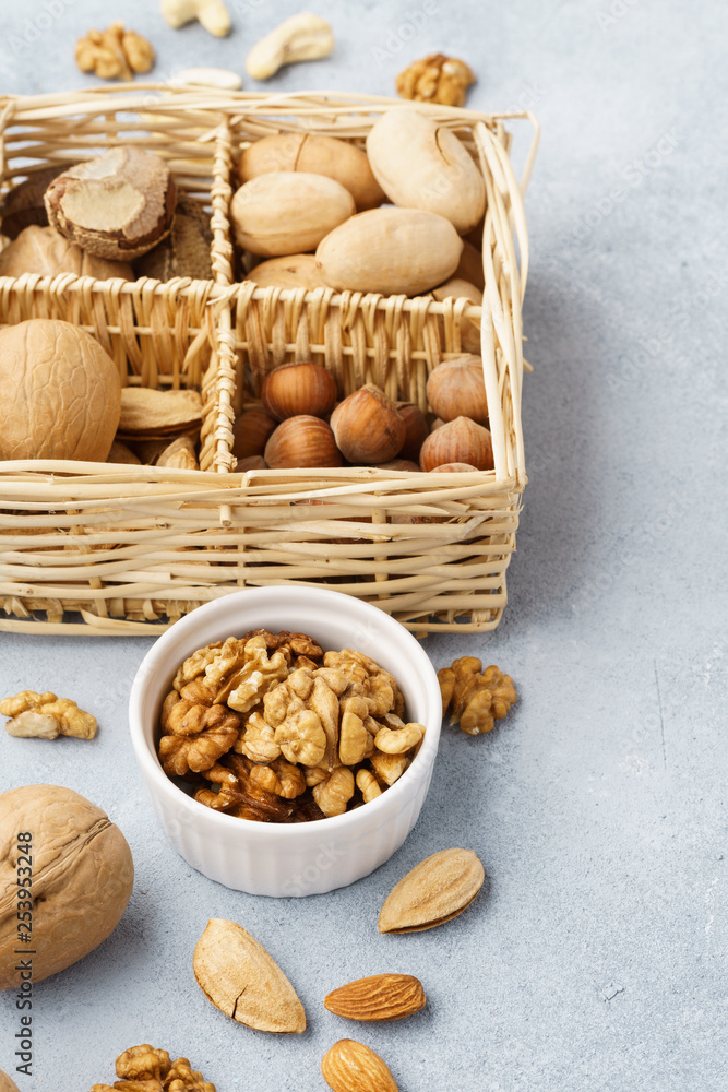 Various nuts - almond, walnut, hazelnut, pecan, brazil nut.