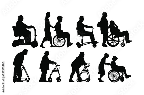 Mature woman pushing strolling with disabled man patient in wheelchair vector silhouette. Patient in wheelchair isolated on white. Nurse support injured man. Hospital paramedic Social worker activity.