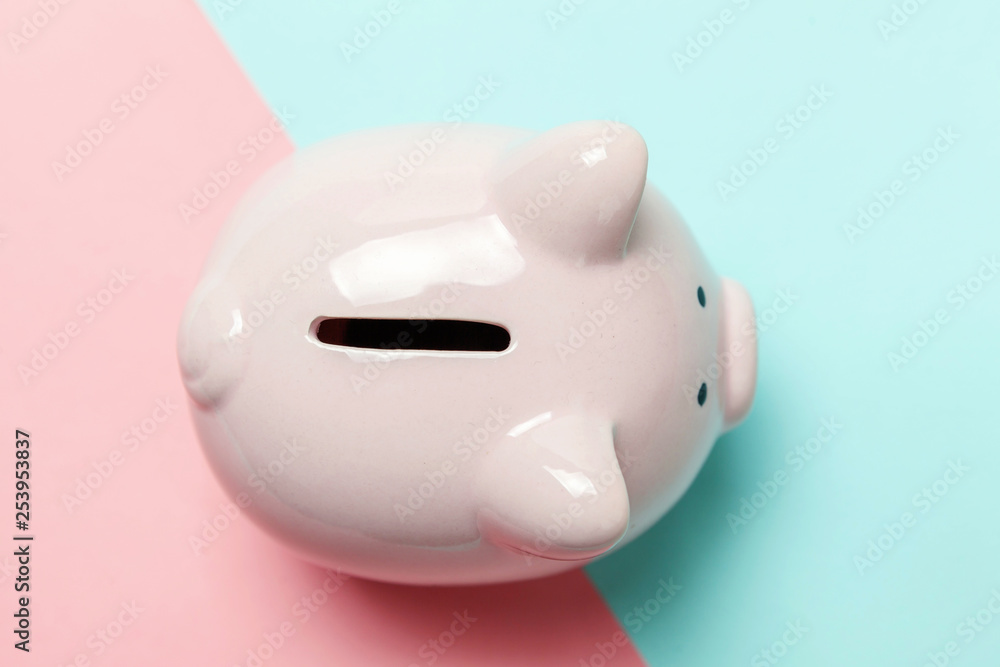 Saving investment budget wealth retirement financial money banking concept. Pink piggy bank isolated on blue and pink pastel colorful trendy geometric background. Flat lay top view copy space Saving investment budget wealth retirement financial money banking concept. Pink piggy bank isolated on blue and pink pastel colorful trendy geometric background. Flat lay top view copy space