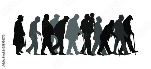Elderly seniors walking crowd vector silhouette isolated on white. Old man person with stick. Mature old people active life. Grandfather veterans company. Health care in nursing home. Senior meeting.