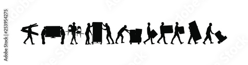 Delivery man carrying boxes of goods vector silhouette. Post man with package. Distribution procurement. Boy holding heavy load for moving service. Handy man in move action. Hand transportation method