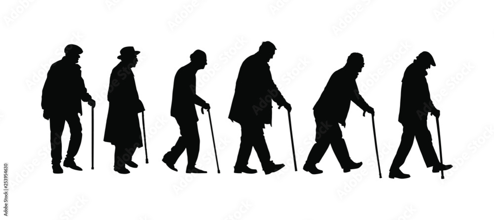 Elderly seniors walking crowd vector silhouette isolated on white. Old man person with stick. Mature old people active life. Grandfather veterans company. Health care in nursing home. Senior meeting. Elderly seniors walking crowd vector silhouette isolated on white. Old man person with stick. Mature old people active life. Grandfather veterans company. Health care in nursing home. Senior meeting.