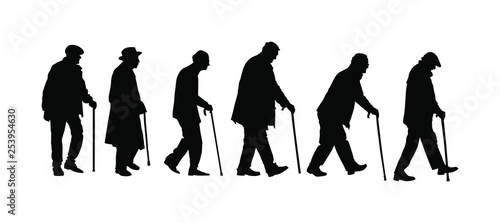 Elderly seniors walking crowd vector silhouette isolated on white. Old man person with stick. Mature old people active life. Grandfather veterans company. Health care in nursing home. Senior meeting.