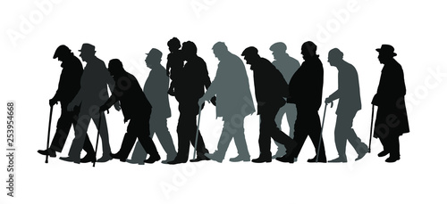 Elderly seniors walking crowd vector silhouette isolated on white. Old man person with stick. Mature old people active life. Grandfather veterans company. Health care in nursing home. Senior meeting.