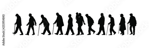 Elderly seniors walking crowd vector silhouette isolated on white. Old man person with stick. Mature old people active life. Grandfather veterans company. Health care in nursing home. Senior meeting.
