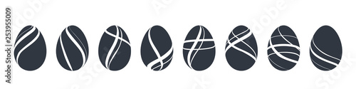 Easter egg icons. Black eggs set, isolated white background. Simple design, decoration Happy Easter. Holiday decorative elements collection. Cute pattern ornament. Spring symbol. Vector illustration