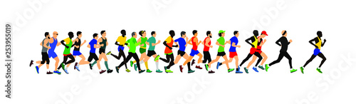 Group of marathon racers running. Marathon people vector illustration. Healthy lifestyle women and man. Traditional sport race.  Urban runners on the street. Team building concept Worming up, work out