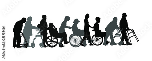 Mature woman pushing strolling with disabled man vector silhouette. Patient in wheelchair isolated on white. Nurse support injured person. Hospital patient with walker rehabilitation recovery activity