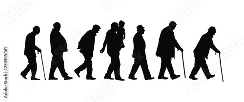 Elderly seniors walking crowd vector silhouette isolated on white. Old man person with stick. Mature old people active life. Grandfather veterans company. Health care in nursing home. Senior meeting.