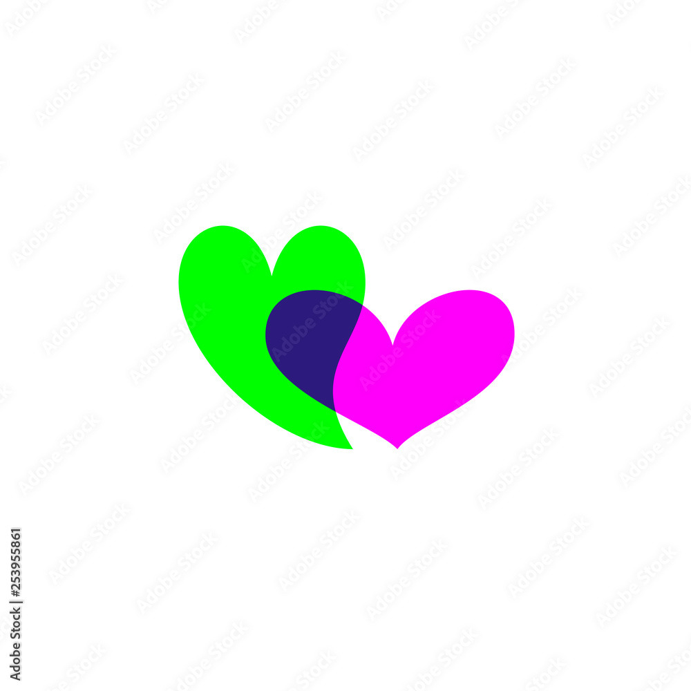 Hearts icon green and purple on white