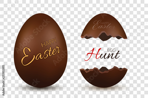 Easter egg 3d. Chocolate brown whole and broken eggs set isolated white transparent background. Traditional candy decoration Happy Easter celebration Design element, spring holiday Vector illustration
