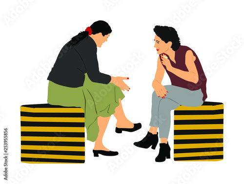 Women gossip at the break. Senior lady friends sitting on bench and talking in public park. Neighbors spread rumors vector illustration. Backbite mature girls. Outdoor relaxation. Mothers speak about.