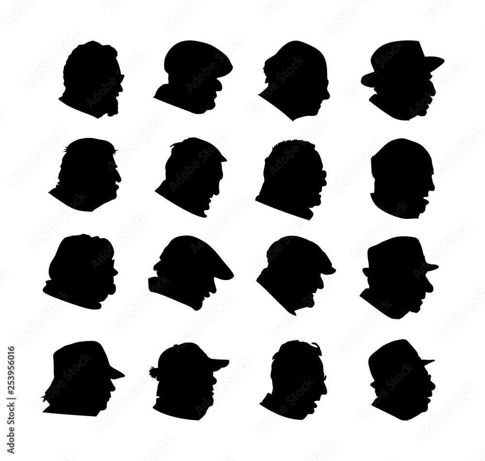 Set of senior people face profile vector silhouette isolated on white. Mature man and woman symbol. Grandfather and grandmother had sign. Hospital care retirement. Aged avatar sign collection. Citizen Set of senior people face profile vector silhouette isolated on white. Mature man and woman symbol. Grandfather and grandmother had sign. Hospital care retirement. Aged avatar sign collection. Citizen