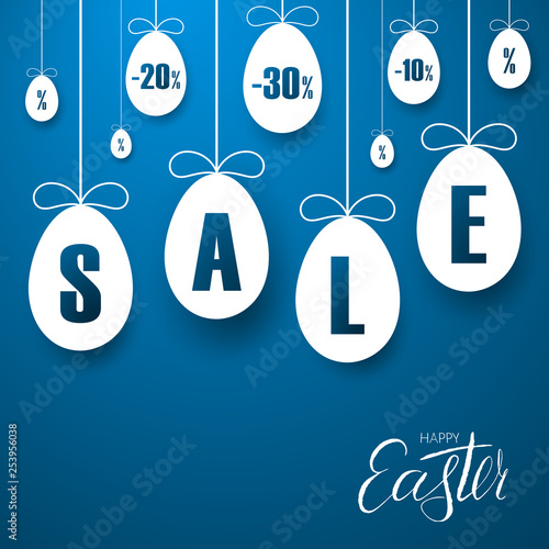 Easter sale banner. Easter hanging eggs, cartoon ribbon bow, blue background. Tag template for holiday Easter decoration, label discount, special offer. Lettering text design. Vector illustration