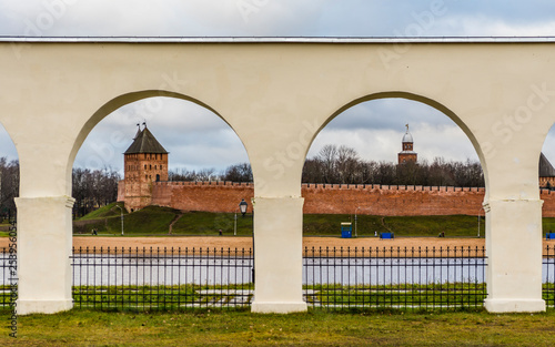 Arches in Velikiy Novgorod, background St. Sophia Cathedral, Russia