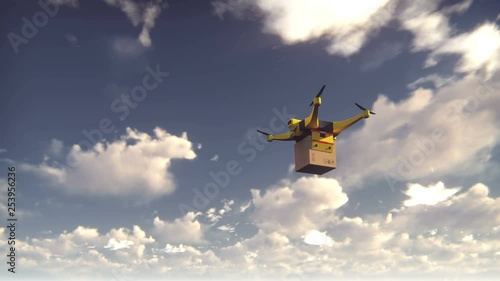 Autonomous package delivery by unmanned drone quadrocopter flying on a Sunny day.
