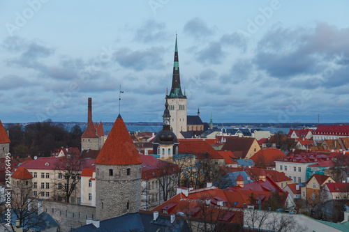Evening dark view of the old town from the observation deck, panoramic view Tallinn. Estonia. Late autumn.