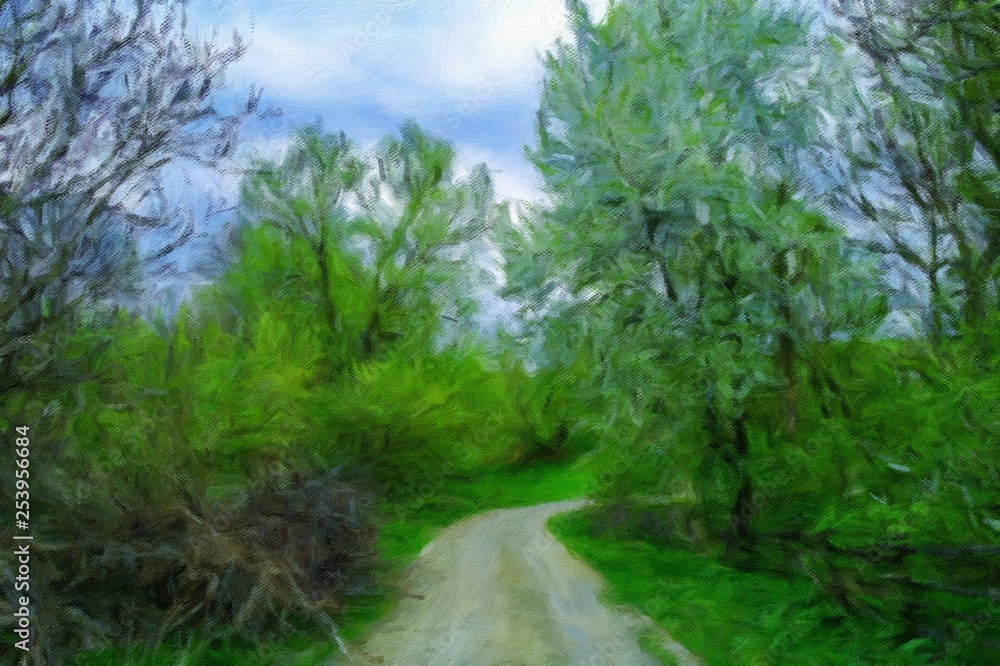Oil digital paintings landscape, fine art, road in the forest