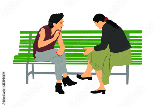 Women gossip at the break. Senior lady friends sitting on bench and talking in public park. Neighbors spread rumors vector illustration. Backbite mature girls. Outdoor relaxation. Mothers speak about.