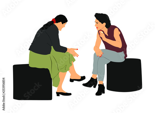 Women gossip at the break. Senior lady friends sitting on bench and talking in public park. Neighbors spread rumors vector illustration. Backbite mature girls. Outdoor relaxation. Mothers speak about.
