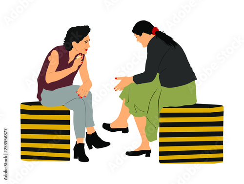 Women gossip at the break. Senior lady friends sitting on bench and talking in public park. Neighbors spread rumors vector illustration. Backbite mature girls. Outdoor relaxation. Mothers speak about.