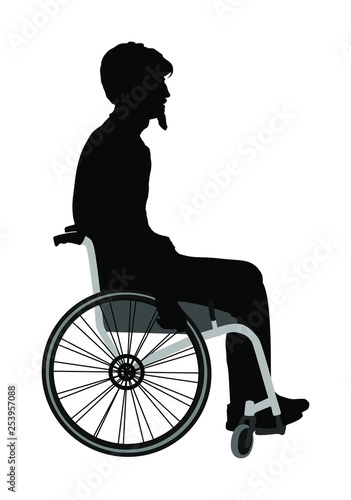 Disabled man in wheelchair vector silhouette isolated on white. Injured person with help assistant. Health care activity after hospital treatment. Traffic accident victim. Invalid boy with strong will