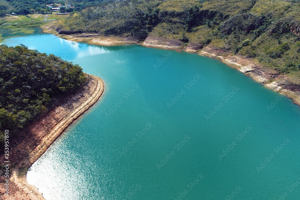 Aerial view of Capitolio's lagoon, Minas Gerais, Brazil. Furnas's dam. Tropical travel. Travel destination. Vacation travel.