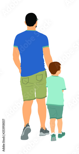 Young father and son holding hands walking on the street vector illustration. Parent spend time with son. Man and boy in walk. Fathers day. Happy family closeness in public. I love my dad.