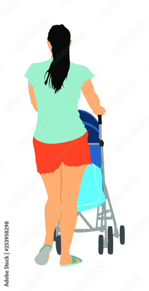 Woman with baby and pram vector isolated on white background, baby carriage. Young mother walking with little child in baby stroller. Mom push baby trolley silhouette. Outdoor family. Woman with baby and pram vector isolated on white background, baby carriage. Young mother walking with little child in baby stroller. Mom push baby trolley silhouette. Outdoor family.
