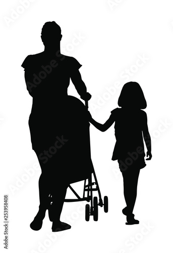 Happy family enjoying outdoor vector silhouette illustration isolated on white. Mothers day. Mom and baby in pram with daughter walking. Love and tenderness relaxation in public. Teen girl and parent
