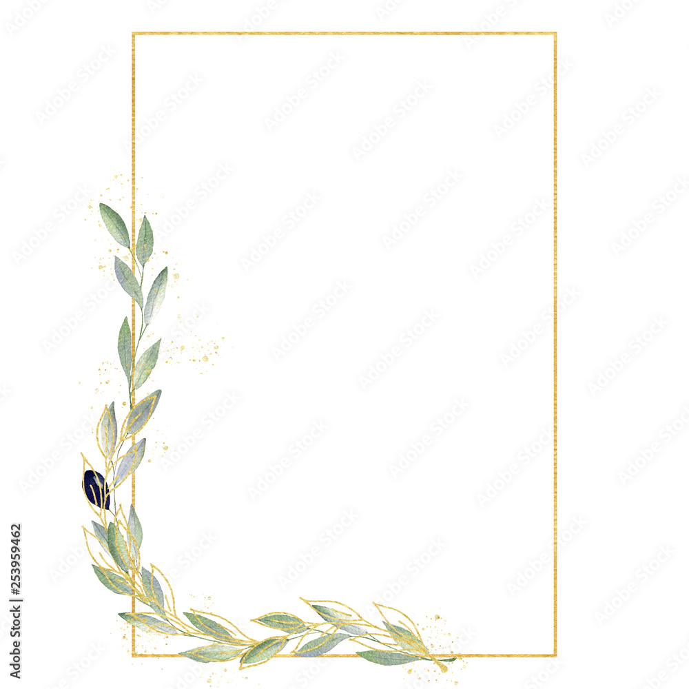 Watercolor greenery olive frame in green and gold colors. Frame, border, background.