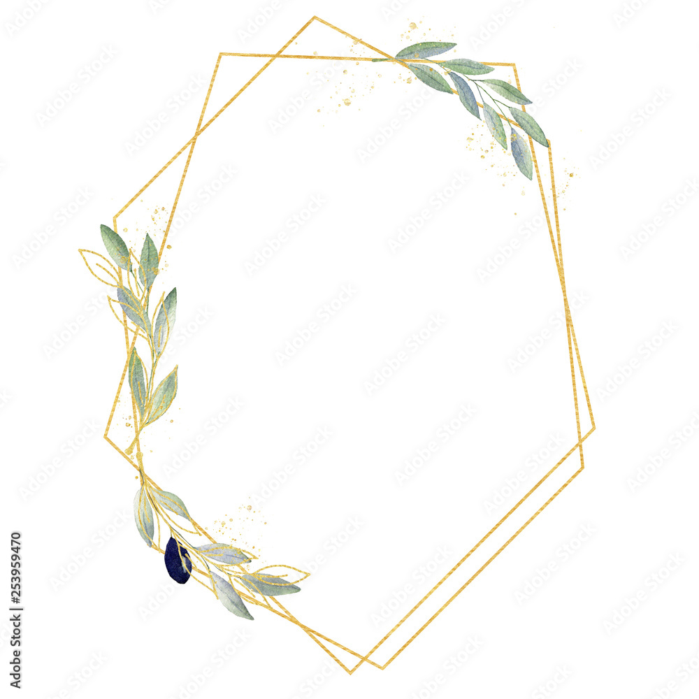 Watercolor greenery olive frame in green and gold colors. Frame, border