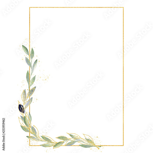 Obraz na płótnie Watercolor greenery olive frame in green and gold colors. Frame, border, background. w salonie