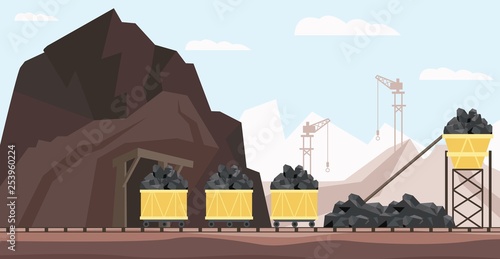 Coal mine industry and transportation vector illustration with piles of black mineral resource in minecarts. photo