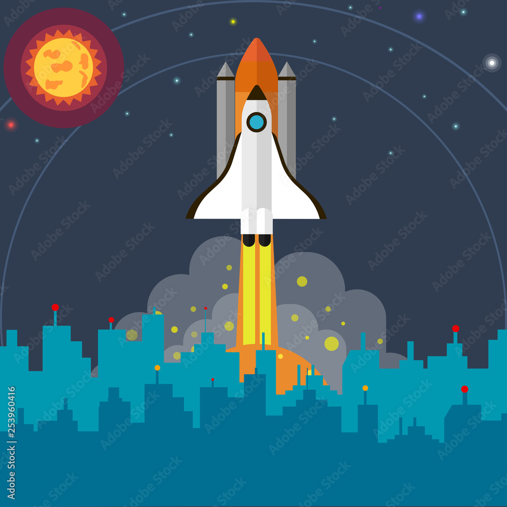 Rocket, shuttle ship with fire isolated on city background. Solar system explorer, fantasy about space. Science, education concept. Spaceship launch to the stars. Vector flat cartoon design.