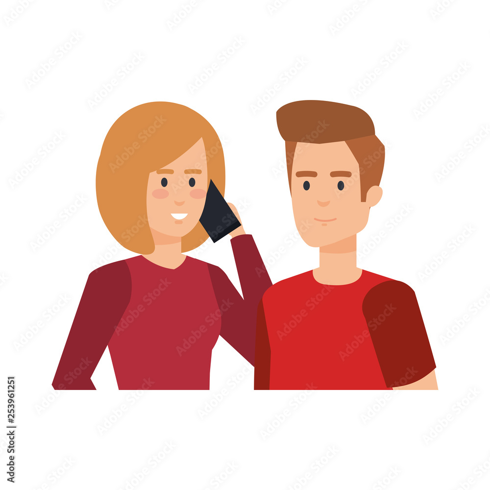 young couple with smartphone avatars characters young couple with smartphone avatars characters