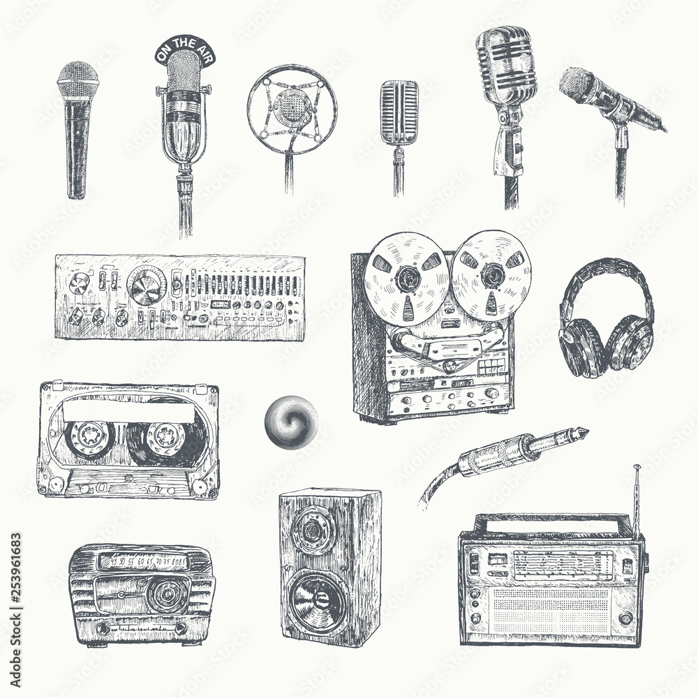 Retro media. Microphones, reel tape recorder, radio receiver