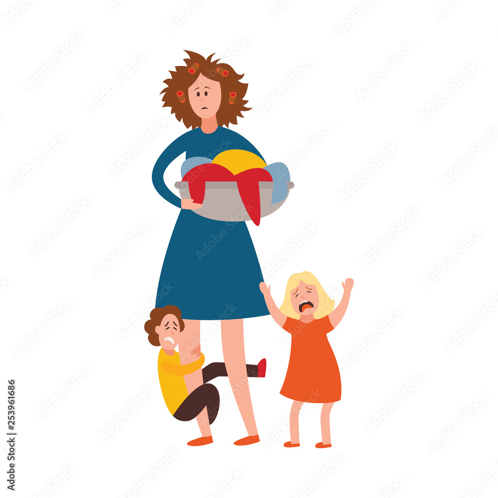 Vector parenting problem big family tired parents - obrazy, fototapety, plakaty 