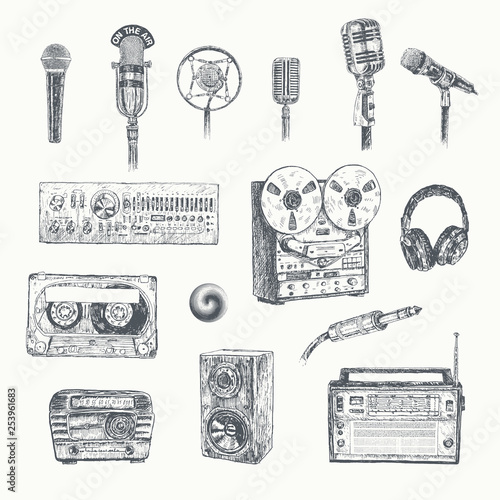 Retro media. Microphones, reel tape recorder, radio receiver, headphones, mixing console, cassette tape, audio plug microphone connector, sound speaker. Set of items music lover and radio. Vintage 