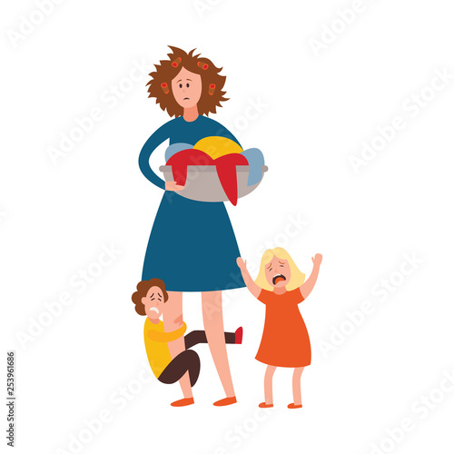 Vector parenting problem big family tired parents