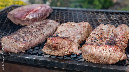 Delicious juicy steaks cooking on a barbeque grid over a fire