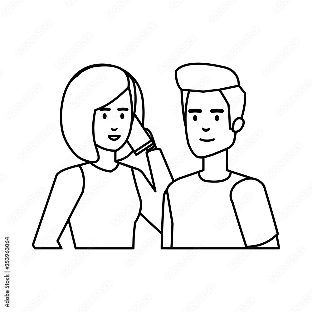 young couple with smartphone avatars characters young couple with smartphone avatars characters