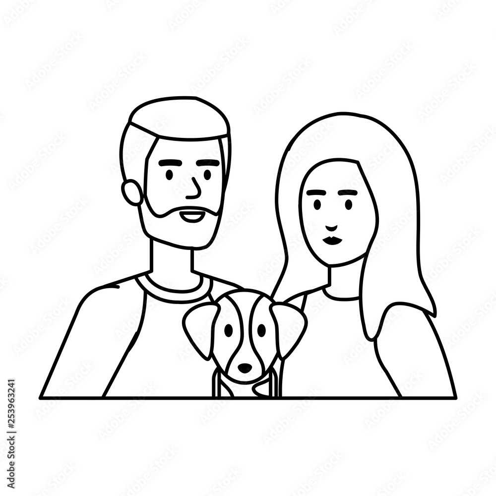 young couple with smartphone and dog