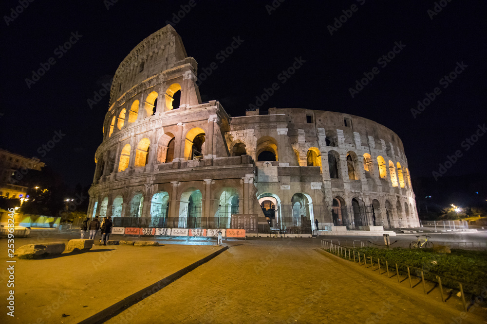 Rome, Italy - November, 2018: The Colosseum, the world famous landmark in Rome. Night view