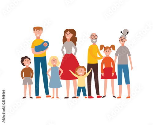 Vector flat happy extended family stands together