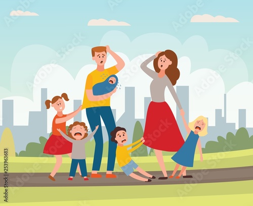 Vector parenting problem big family tired parents