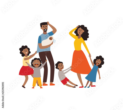 Vector parenting problem big family tired parents